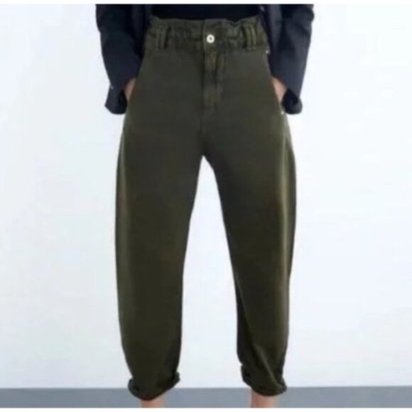 Zara Olive Green Cotton Paperbag High Waist Carrot Baggy Leg Crop Jeans Size 10 - Picture 1 of 14